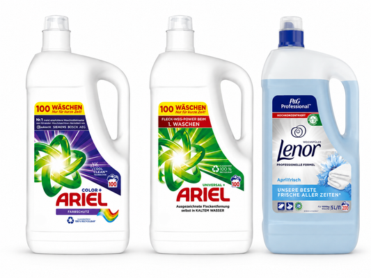 ARIEL + LENOR Мега Пакет 3×5L • 200+ Пранета • Безплатна Доставка