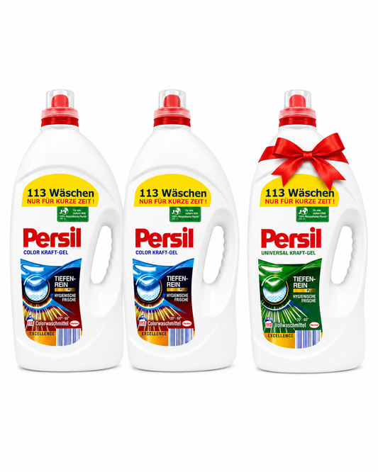 3×5,65 л Persil Мега Пакет – 2× Color + 1× Universal БЕЗПЛАТНО | Общо 16,95 л | 339 пранета